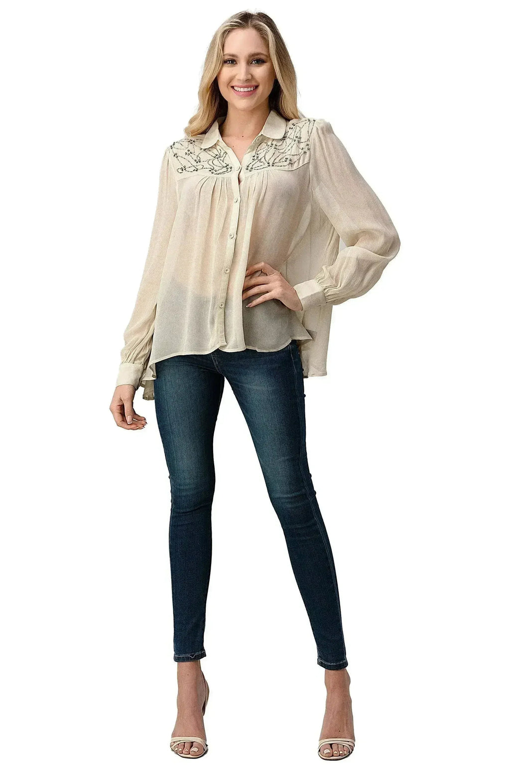 Embroidered Sheer Blouse - Beaded Jewel Trim Button-Up Top | Femstylo