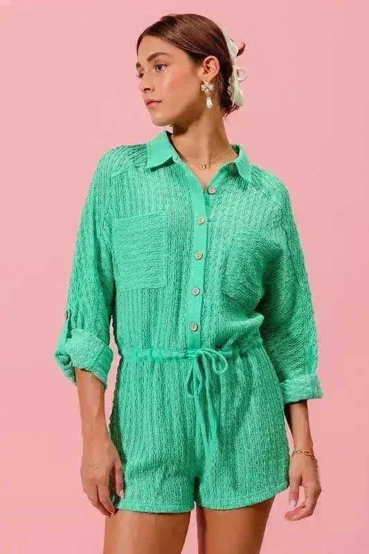 SO ME Textured Knit Button Front Romper