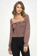 Floral Smocked Long Sleeve Top - Ruffle Neck Blouse in Mauve & Mustard | Femstylo