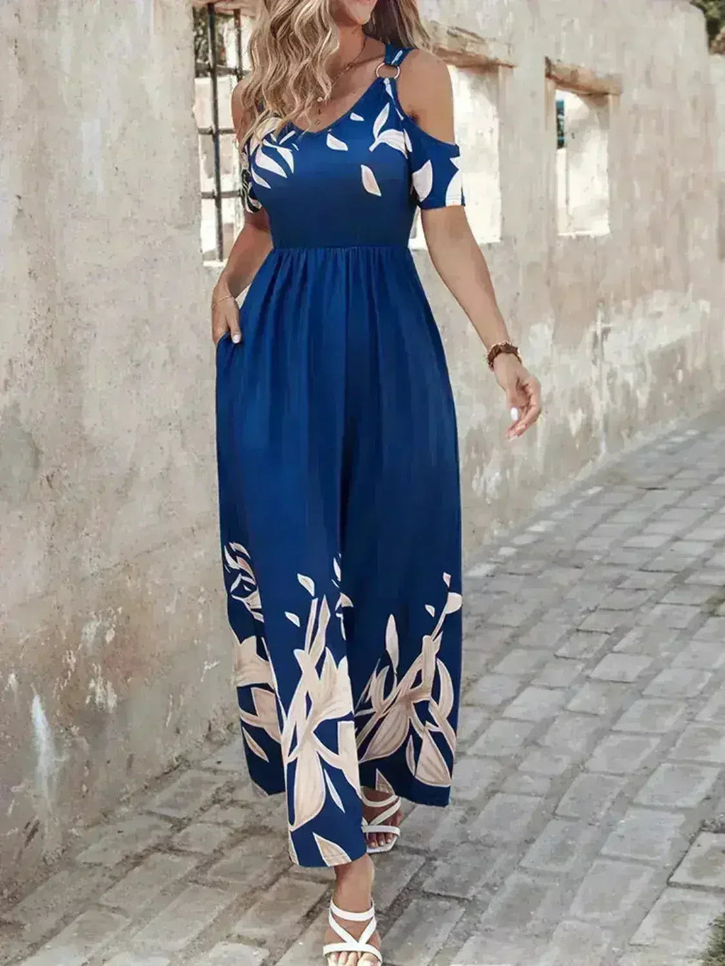 Printed Cold Shoulder Maxi Dress - Stylish Polyester Dress | Femstylo