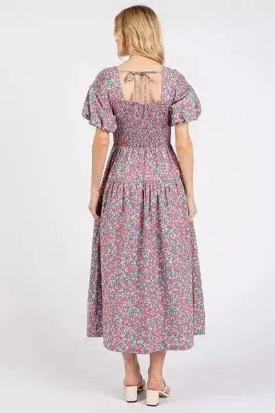 Smocked Floral Square Neck Puff Sleeve Midi Dress - Femstylo