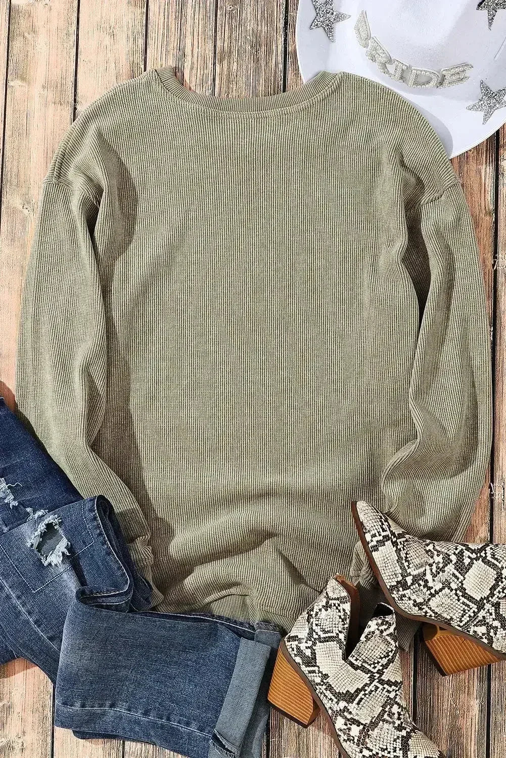 Green Ribbed Knit Sweatshirt - Round Neck Pullover | Femstylo