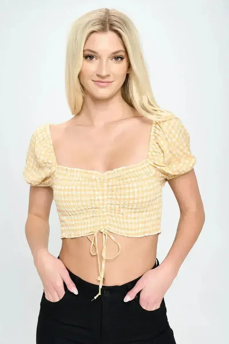 Gingham Smocked Crop Top with Puff Sleeves - Cute | Femstylo