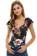 Floral Print Peasant Puff Sleeve Bodysuit USA - Femstylo