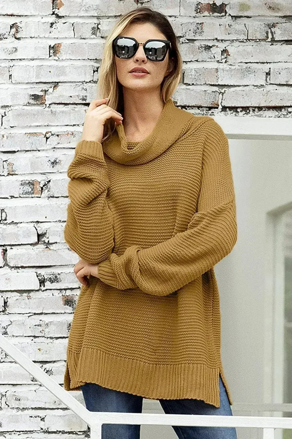 Khaki Turtleneck Sweater - Cozy Winter Knit with Long Sleeves | Femstylo