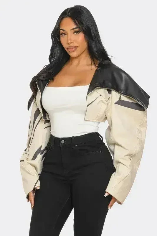 Two-Tone Puff Sleeve Bomber Jacket - Beige Oversized Sleeve Jacket | Femstylo