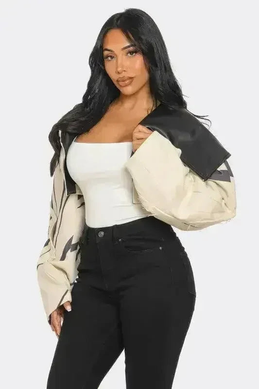 Two-Tone Puff Sleeve Bomber Jacket - Beige Oversized Sleeve Jacket | Femstylo