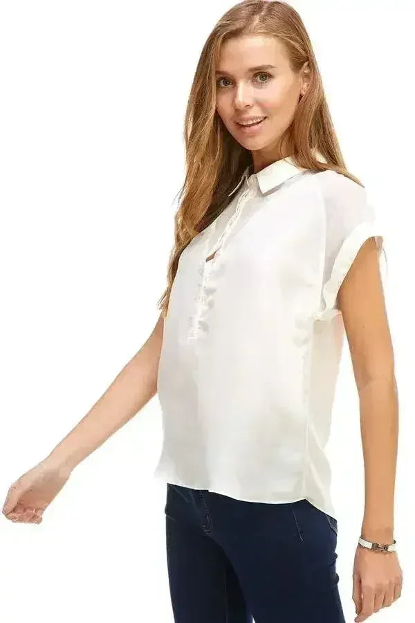 Rolled Sleeve Satin Blouse – Silk V-Neck Button-Up Tope | Femstylo