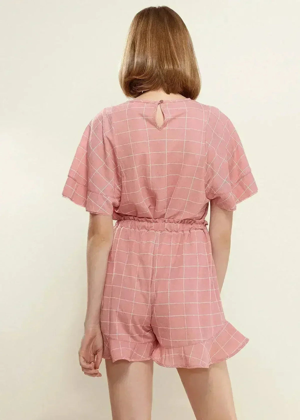 Women's Grid Print Crew Neck Blouse in Pink | Femstylo