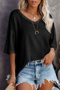 White Waffle Texture V Neck Drop Shoulder Loose Tee