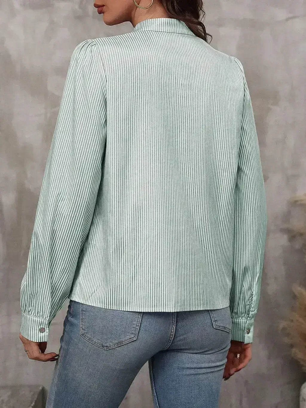 Striped Tie Neck Long Sleeve Blouse – Femstylo