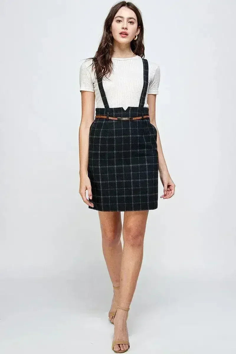 Plaid Suspender Skirt - High Waisted with Belt | Femstylo