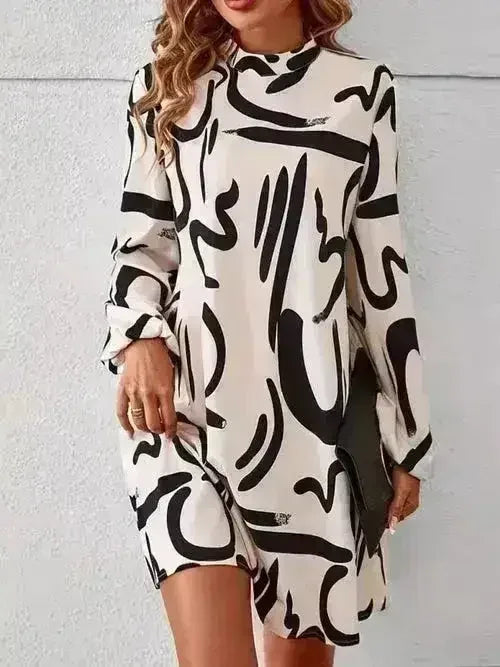 Printed Mock Neck Long Sleeve Mini Dress