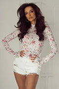 Pink Floral High Neck Sheath Mesh Top - Elegant & Stretchy | Femstylo