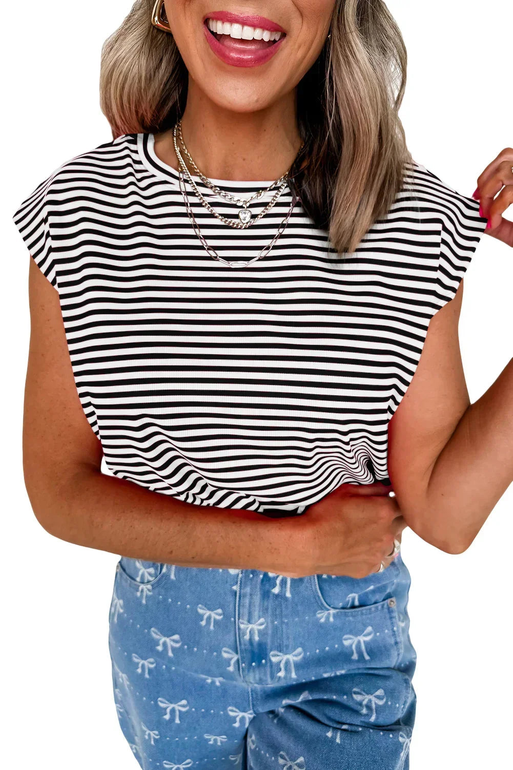 Black Stripe Ribbed Cap Sleeve Round Neck T Shirt