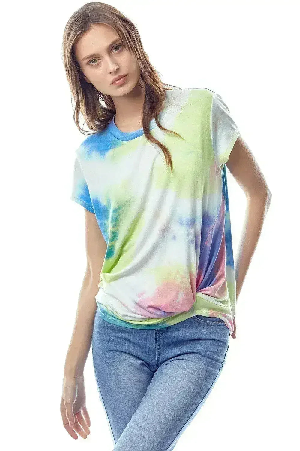 Tie-Dye Twist Front Top – Trendy Crew Neck Tee with Unique Hem | Femstylo