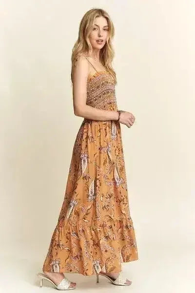 Square Neck Tie Shoulder Dress - Smocked & Floral | Femstylo