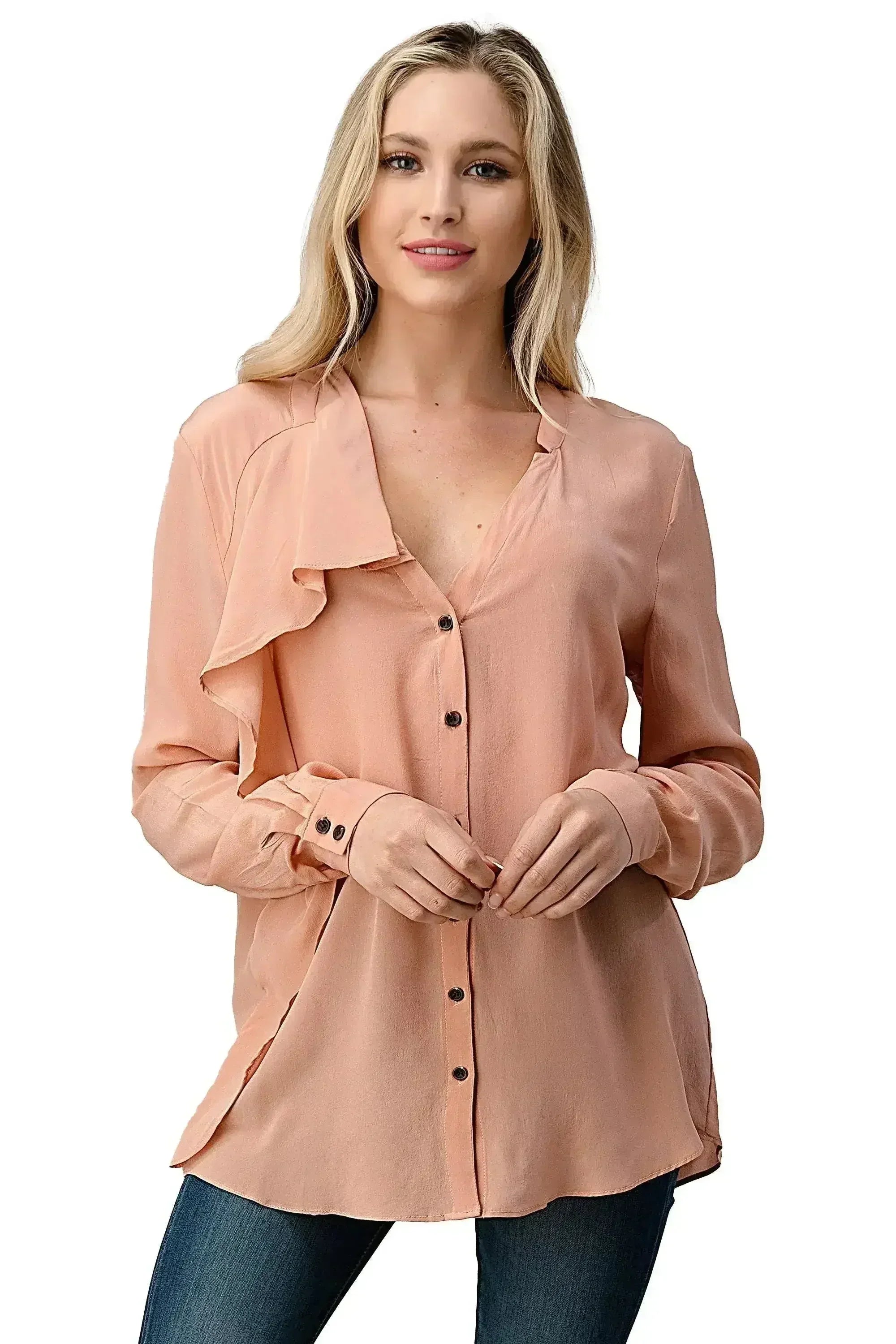 Silk Ruffle Blouse – Elegant Button-Up Shirt with Long Sleeves | Femstylo