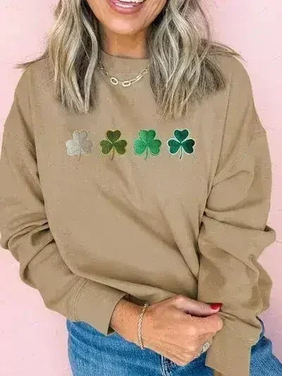 Embroidered Clover Pattern Round Neck Sweatshirt
