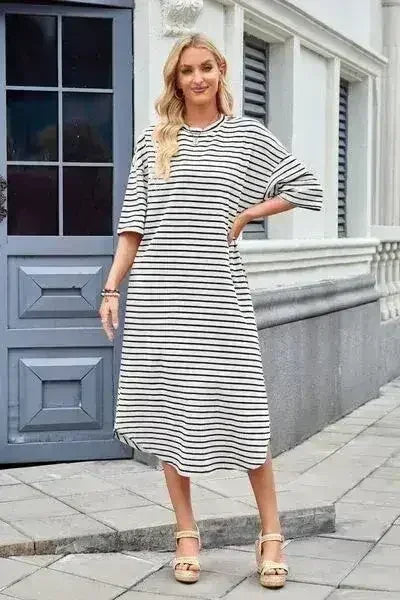 Lovelet Contrast Striped Half Sleeve Midi Tee Dress