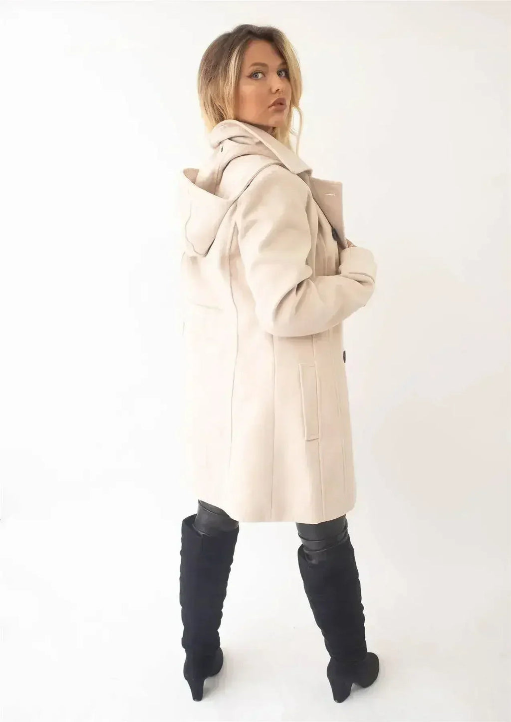 Wool Feel Double Breasted Hooded Coat