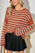 Brown Stripe Casual Round Neck Drop Shoulder Sweater