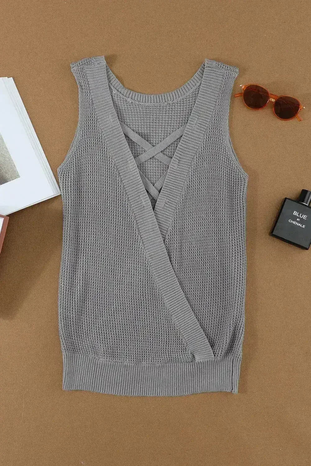 Gray Crisscross Hollow-out Knit Tank Top