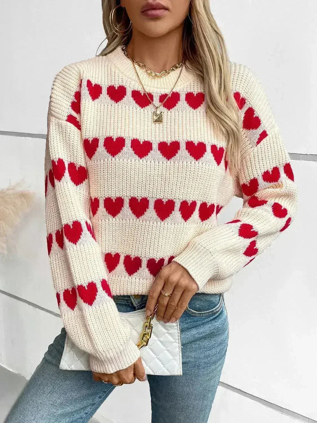 Heart Print Sweater - Oversized Round Neck Knit Top | Femstylo