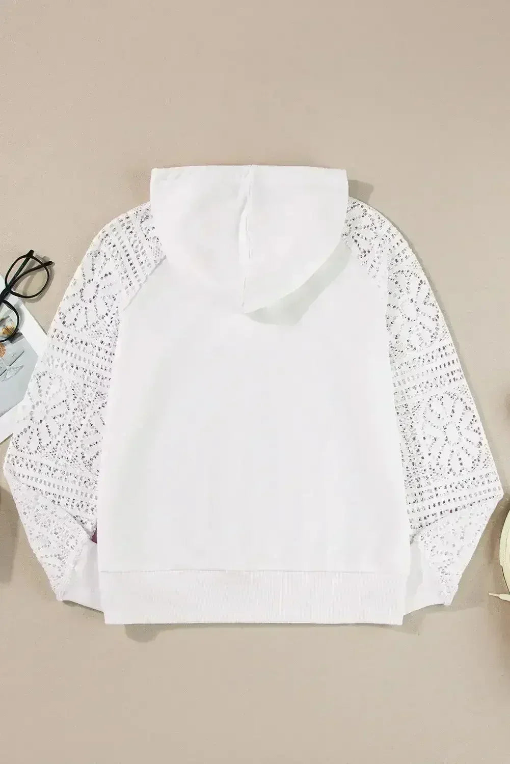 White Lace Patchwork Sleeve Drawstring Hoodie