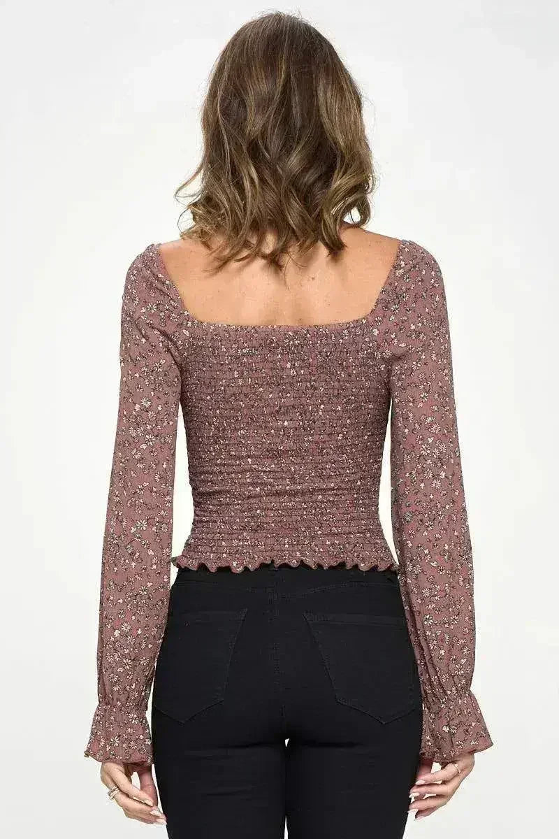 Floral Smocked Long Sleeve Top - Ruffle Neck Blouse in Mauve & Mustard | Femstylo