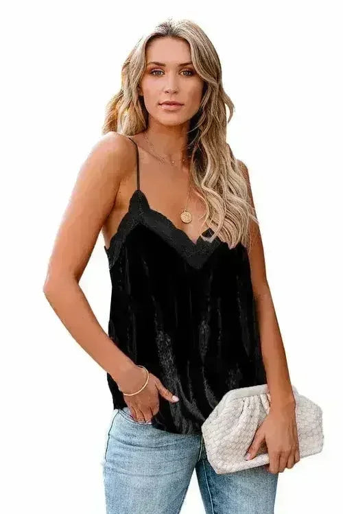 Luxury Lacy V Neck Spaghetti Straps Velvet Tank