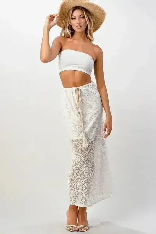 Sheer Lace Maxi Skirt - Drawstring Waist & Bow | Femstylo
