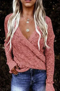 Women's Pink Deep V-neck Long Sleeve Knit Sweater