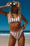 Brown Athletic Striped Tank Sport High Waist Swimwear