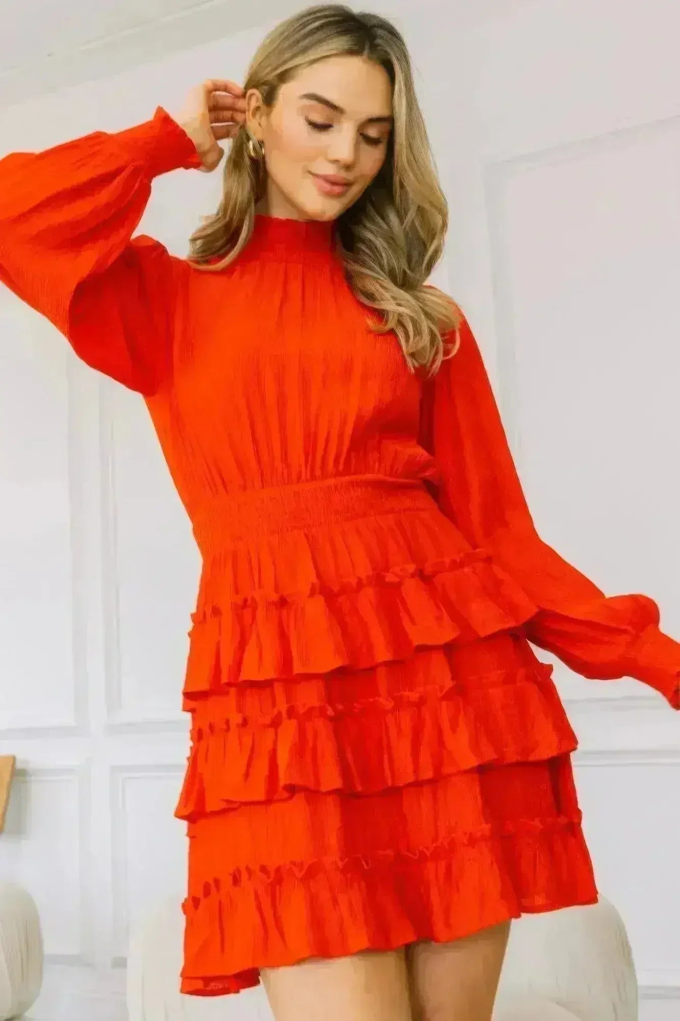 Red Ruffle Mini Dress – Smocked Neck & Tiered Detail