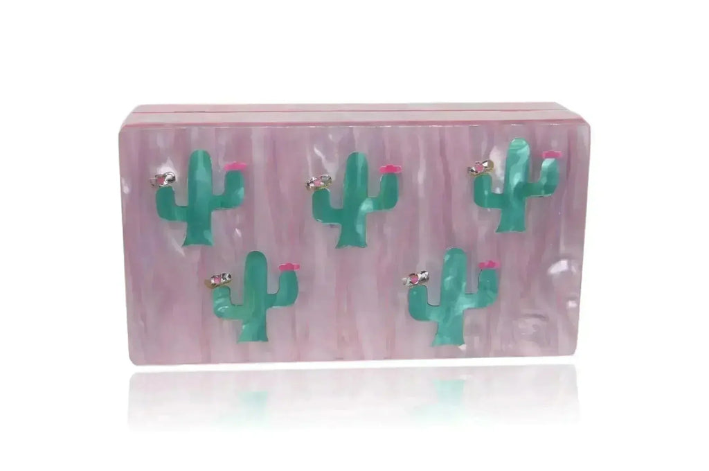 Pink and Green Cactus Acrylic Box Clutch