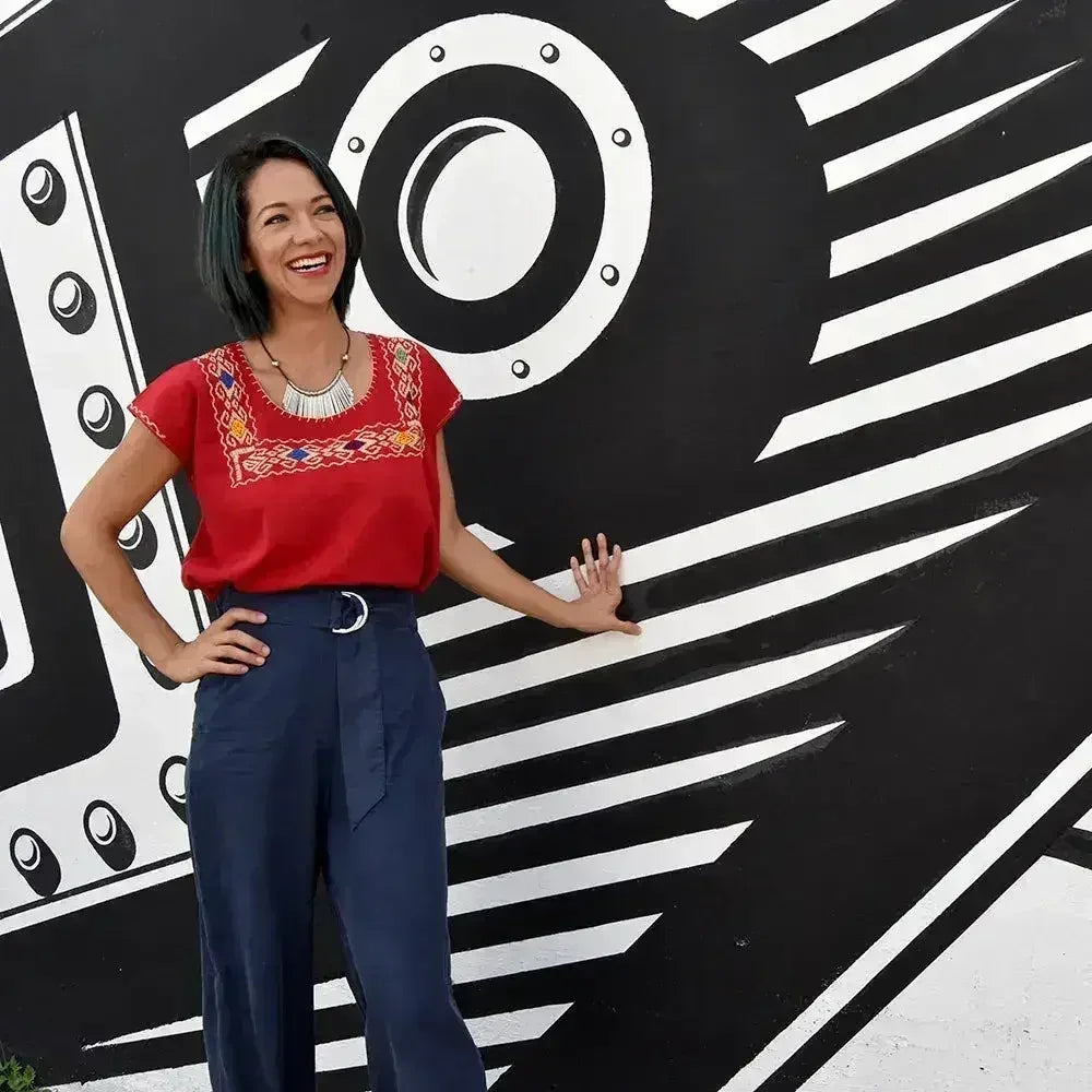 Red Blouse Huipil with Colorful Hand Stitched on