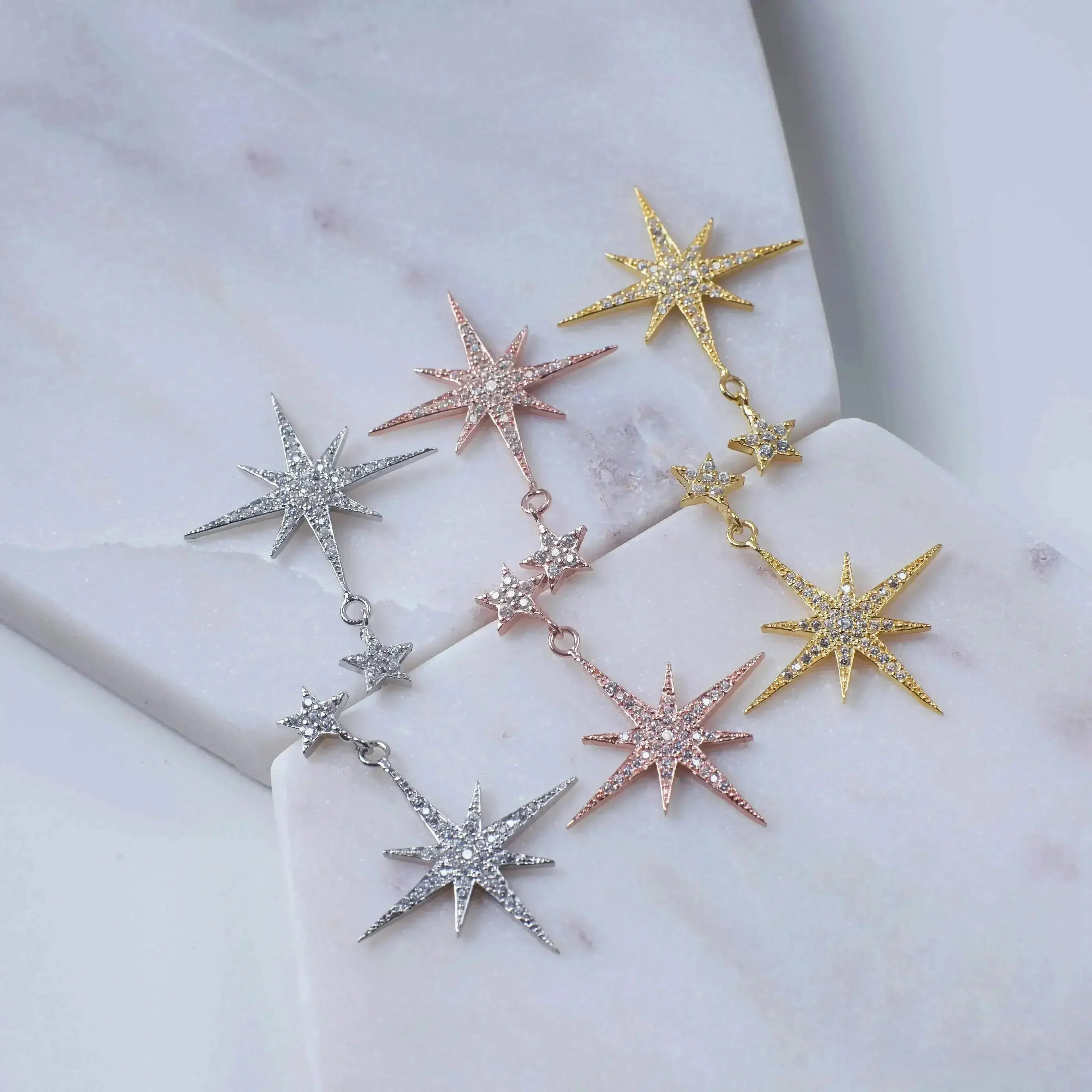 Petite Star Burst Drop Earrings | Gold CZ Celestial Jewelry - Femstylo