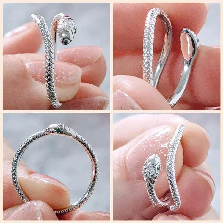 BAMOER 925 Sterling Silver Platinum Plated Adjustable Ring, Green Zircon Retro Textures Snake Ring Fashion Jewelry 4 Colors