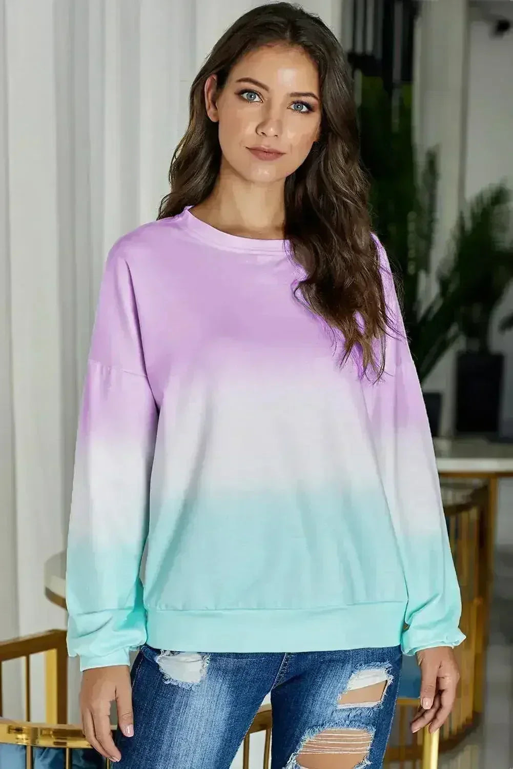 Casual Purple Color Block Tie Dye Pullover Sweatshirt