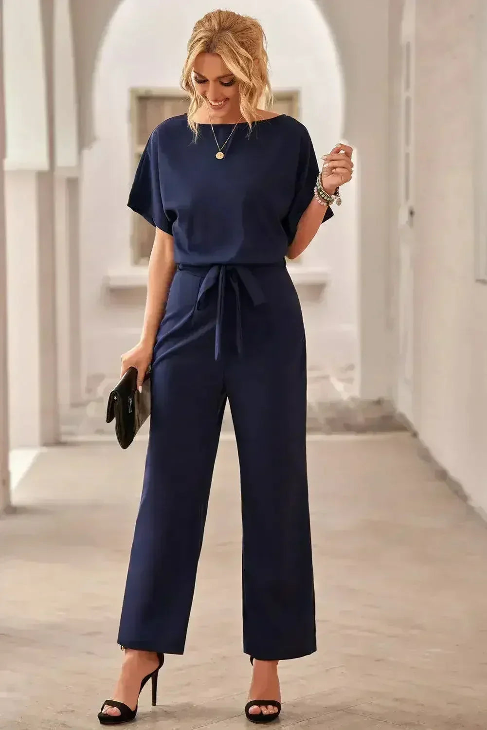 Chic Blue Oh So Glam Belted Wide Leg Jumpsuit