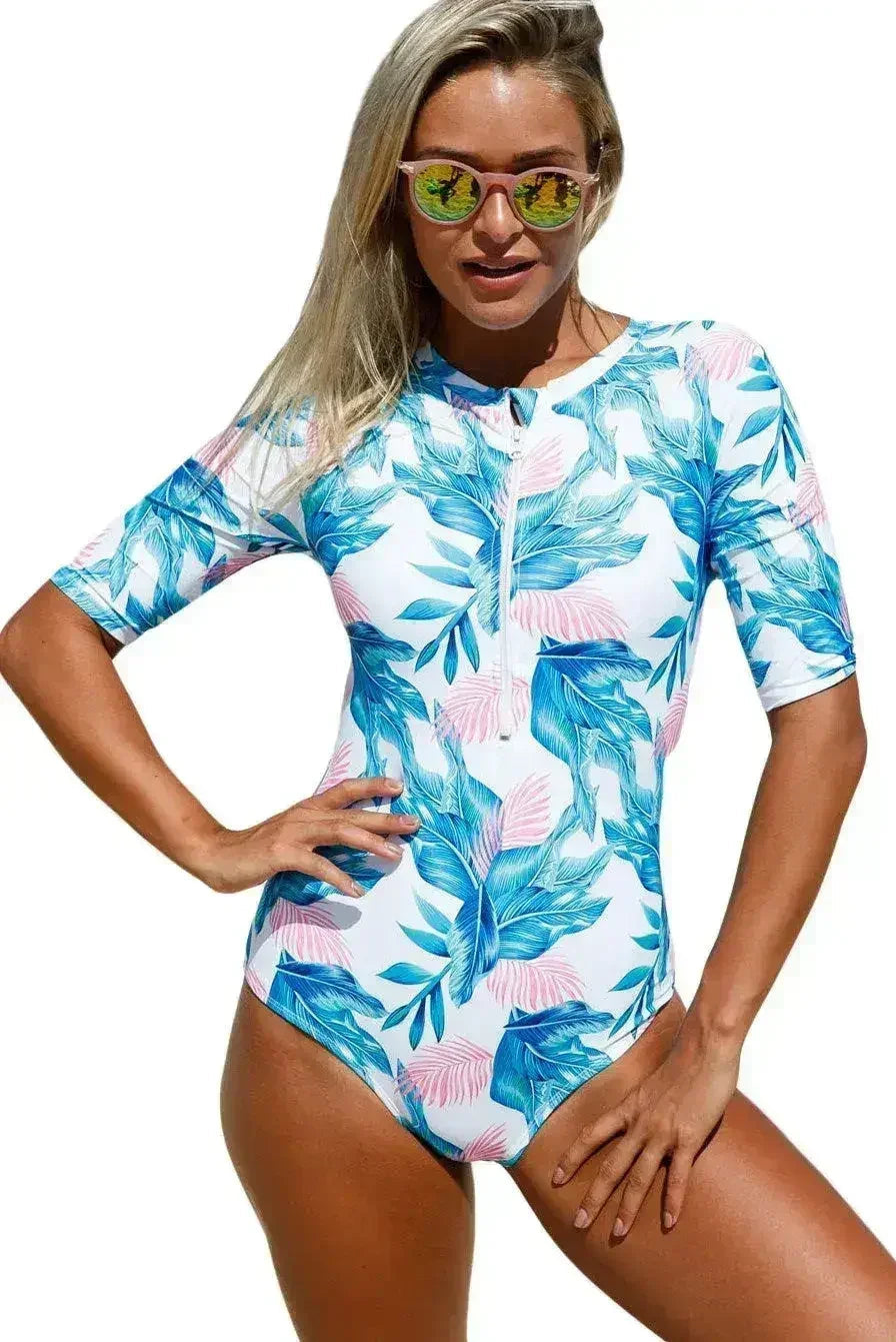 Leaves Zip Front One Piece Swimsuit