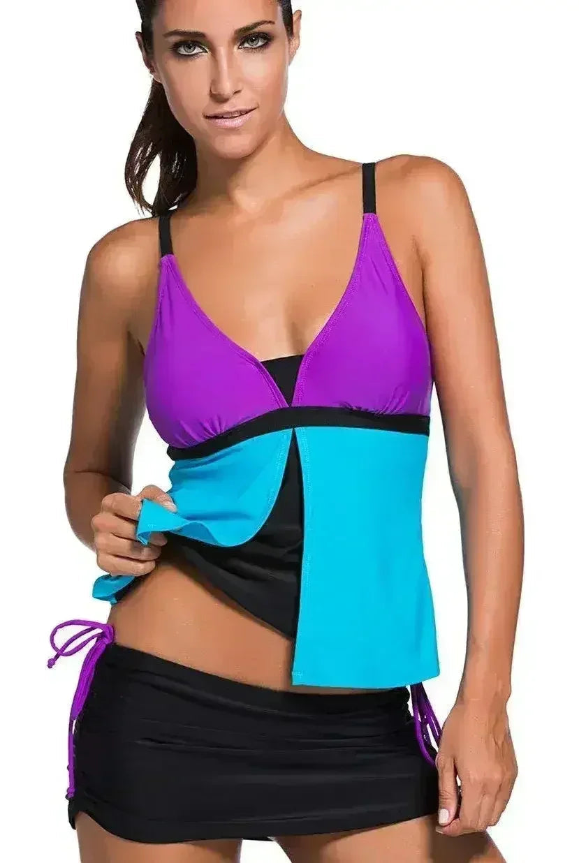 Purple Blue Colorblock 2 Pieces Tankini Skort Bottom Swimsuit