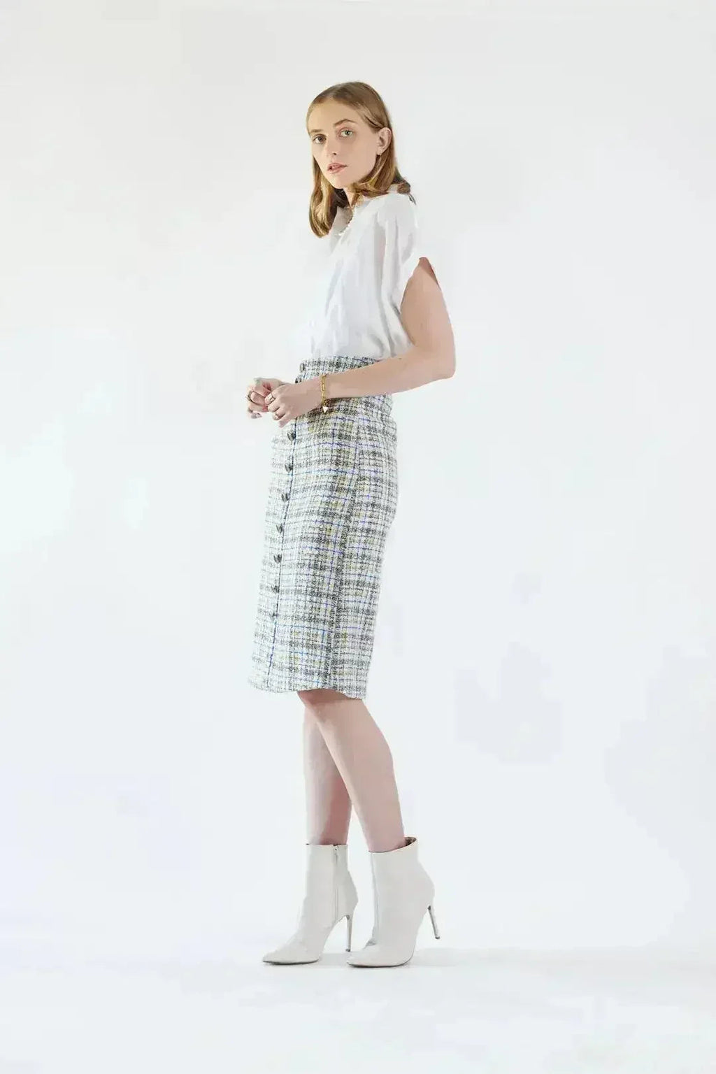 Luxe Plaid Tweed Pencil Skirt