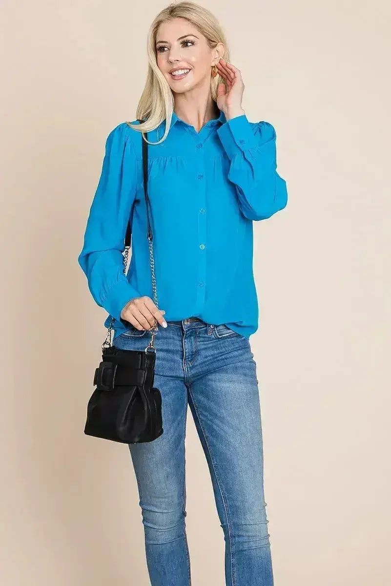 Collared Long Sleeve Pleated Detail Blouse Tops | Femstylo