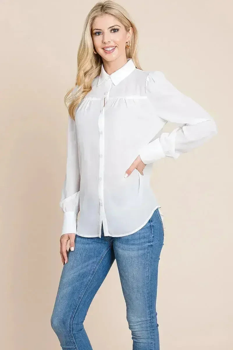 Collared Long Sleeve Pleated Detail Blouse Tops | Femstylo