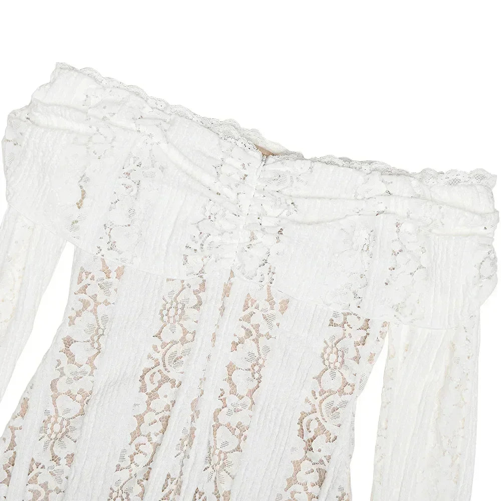 Oligai Lace Slim Mini Dress for Women Off The Shoulder Sexy Long Sleeves Club Party Dresses Bodycon Elegant Autumn Dress