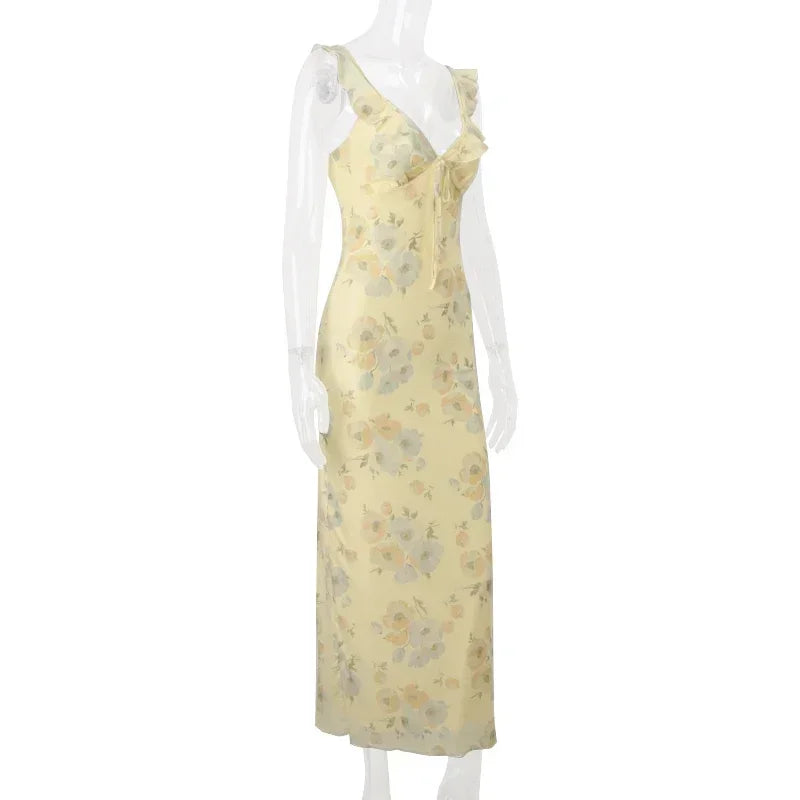 Yellow Floral Maxi Dress | Retro V-Neck Summer Party Gown -femstylo