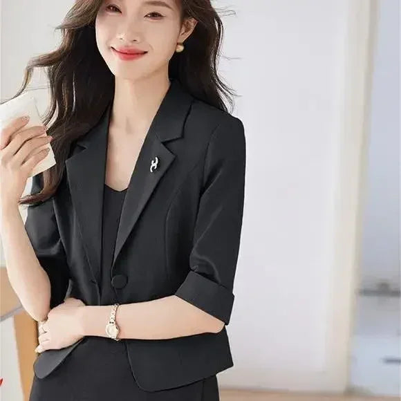 Black Women Blazer Slim Blazer Office Lady Work Suit Cropped Jacket Spring Summer Short Top Design Casual Coats Mujer One Button