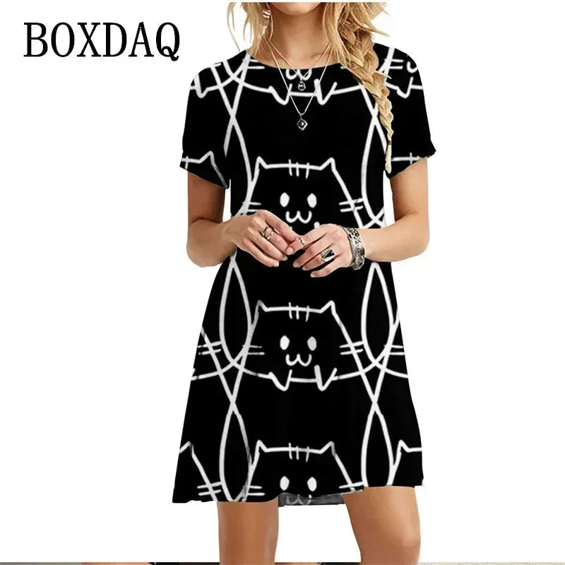 Painted Patters Cats Print Dress Short Sleeve Kawaii Women Dresses Summer For 2022 Fashion O-Neck Street Casual Loose Clothing
